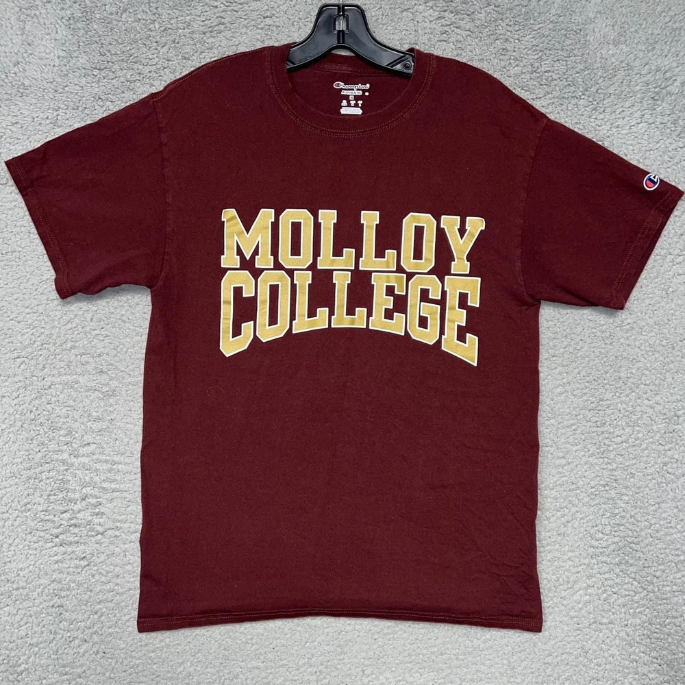 Champion Molloy College T Shirt Men's Sz M Burgundy Embroider Logo Spell Out Tee